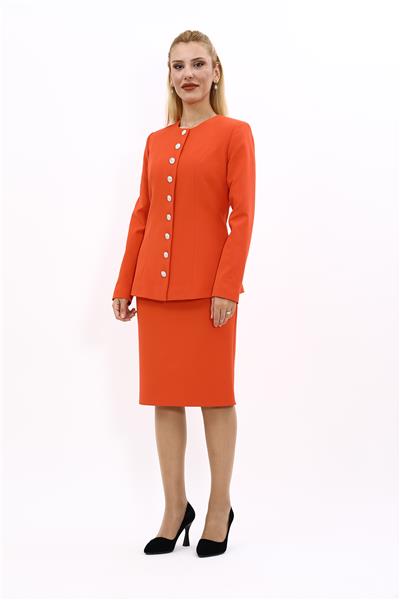 Sıfır Yaka Boydan Düğmeli Ceket & Düz Dar Etek-Turuncu
