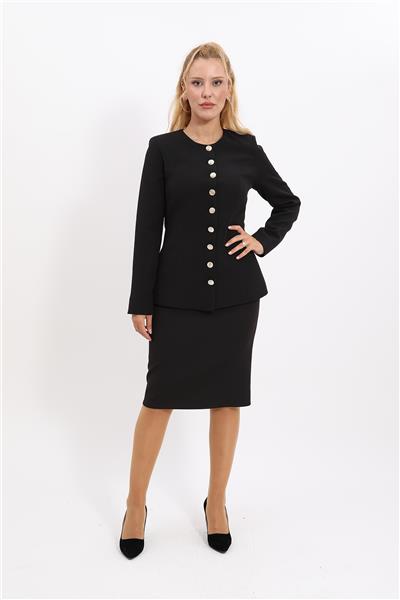 Sıfır Yaka Boydan Düğmeli Ceket & Düz Dar Etek-Siyah