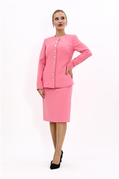 Sıfır Yaka Boydan Düğmeli Ceket & Düz Dar Etek-Pembe