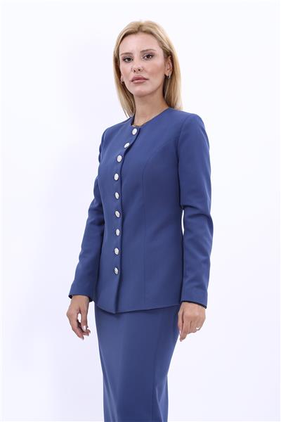 Sıfır Yaka Boydan Düğmeli Ceket-İndigo