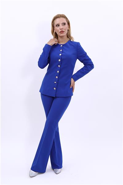 Sıfır Yaka Boydan Düğmeli Ceket & İspanyol Paça Pantolon-Saks