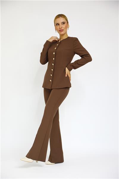 Sıfır Yaka Boydan Düğmeli Ceket & İspanyol Paça Pantolon-Kestane