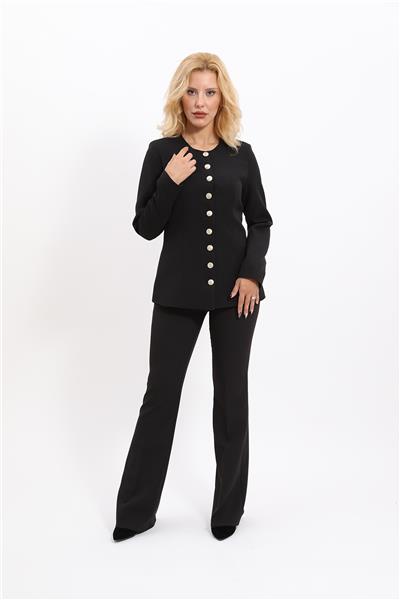 Sıfır Yaka Boydan Düğmeli Ceket & İspanyol Paça Pantolon-Siyah