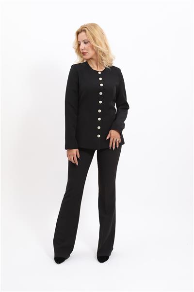 Sıfır Yaka Boydan Düğmeli Ceket & İspanyol Paça Pantolon-Siyah