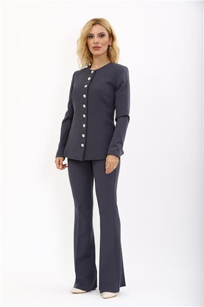 Sıfır Yaka Boydan Düğmeli Ceket & İspanyol Paça Pantolon-Füme