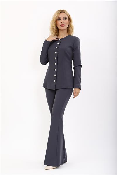 Sıfır Yaka Boydan Düğmeli Ceket & İspanyol Paça Pantolon-Füme