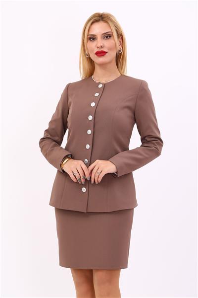 Sıfır Yaka Boydan Düğmeli Ceket-Kahve