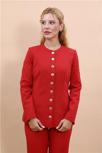 Sıfır Yaka Boydan Düğmeli Ceket-Kırmızı