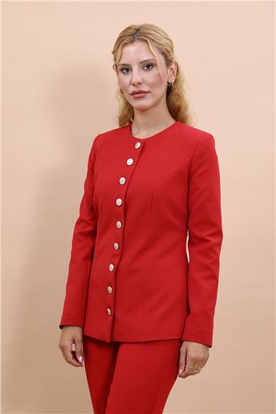 Sıfır Yaka Boydan Düğmeli Ceket-Kırmızı