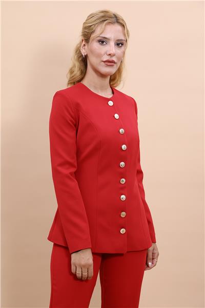 Sıfır Yaka Boydan Düğmeli Ceket-Kırmızı