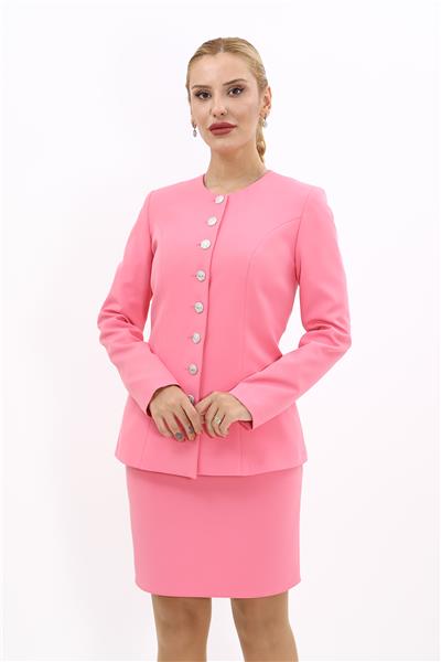 Sıfır Yaka Boydan Düğmeli Ceket-Pembe