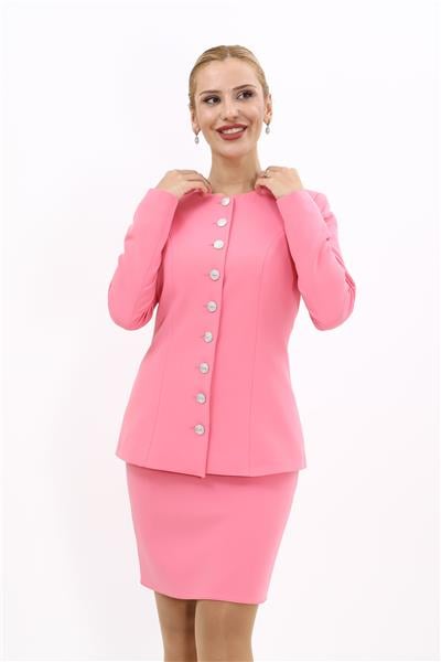 Sıfır Yaka Boydan Düğmeli Ceket-Pembe