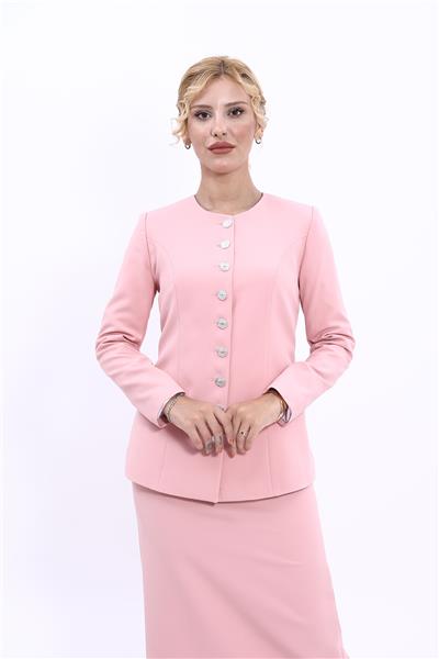 Sıfır Yaka Boydan Düğmeli Ceket-Pudra