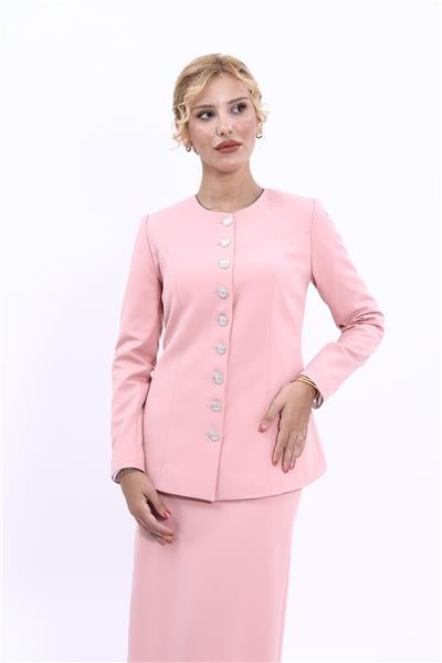 Sıfır Yaka Boydan Düğmeli Ceket-Pudra