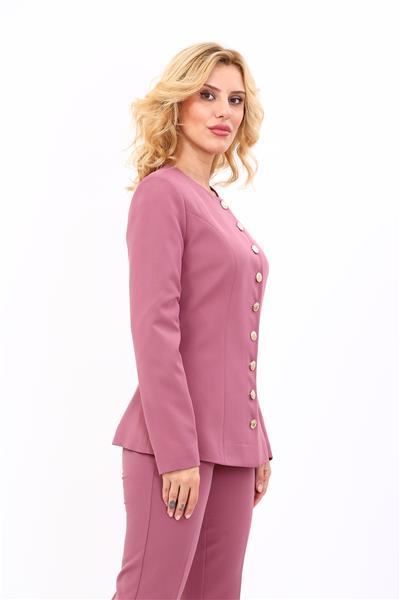 Sıfır Yaka Boydan Düğmeli Ceket-Rose