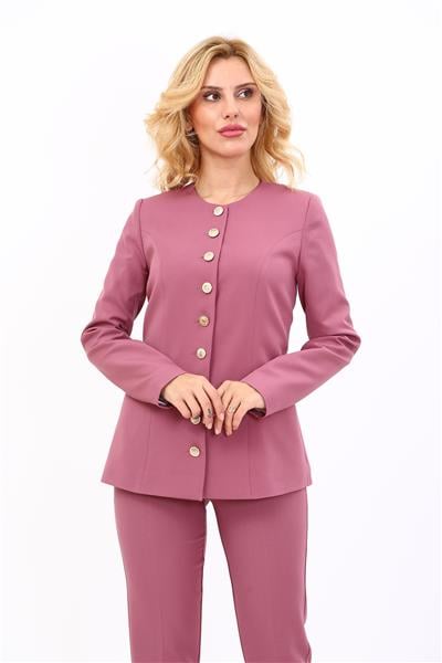 Sıfır Yaka Boydan Düğmeli Ceket-Rose