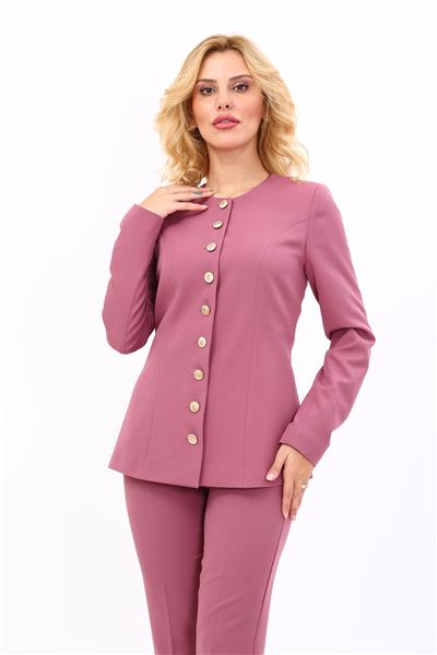 Sıfır Yaka Boydan Düğmeli Ceket-Rose