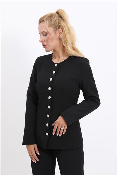 Sıfır Yaka Boydan Düğmeli Ceket-Siyah