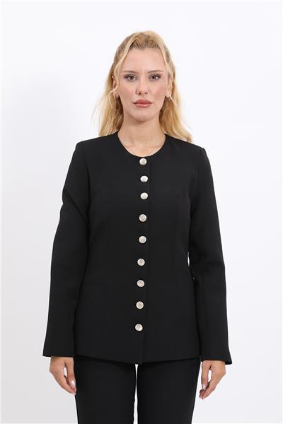 Sıfır Yaka Boydan Düğmeli Ceket-Siyah