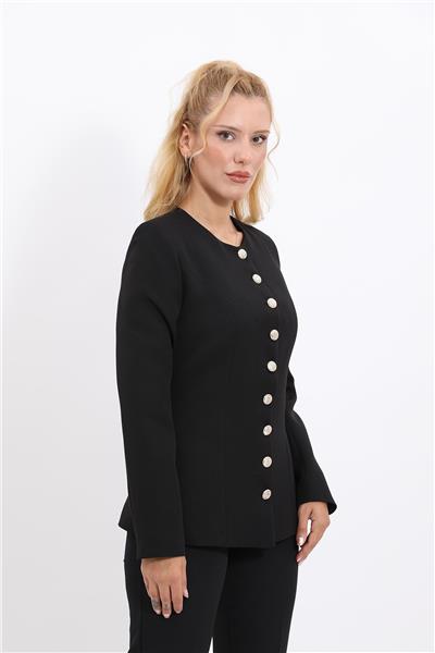 Sıfır Yaka Boydan Düğmeli Ceket-Siyah