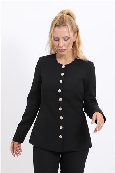 Sıfır Yaka Boydan Düğmeli Ceket-Siyah