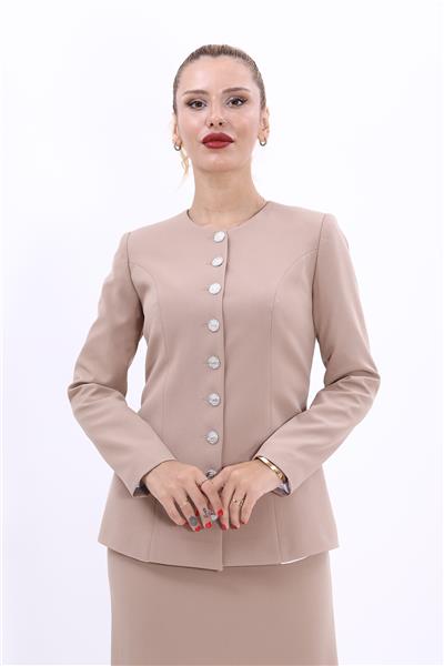 Sıfır Yaka Boydan Düğmeli Ceket-Taş