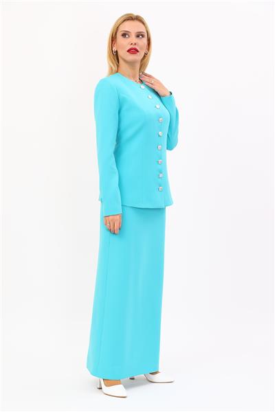 Sıfır Yaka Boydan Düğmeli Ceket & Uzun Düz Dar Etek-Turkuaz