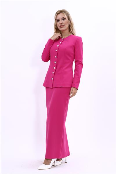 Sıfır Yaka Boydan Düğmeli Ceket & Uzun Düz Dar Etek-Fuşya