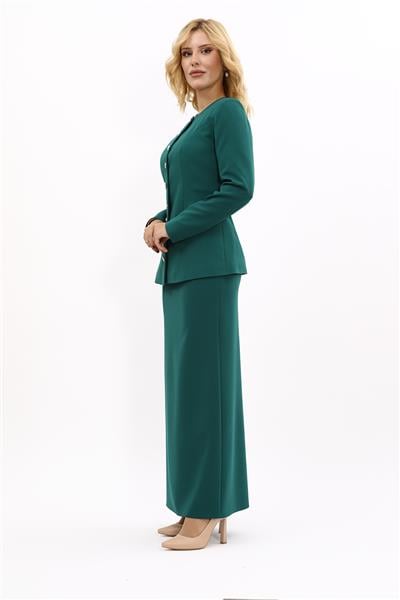 Sıfır Yaka Boydan Düğmeli Ceket & Uzun Düz Dar Etek-Zümrüt