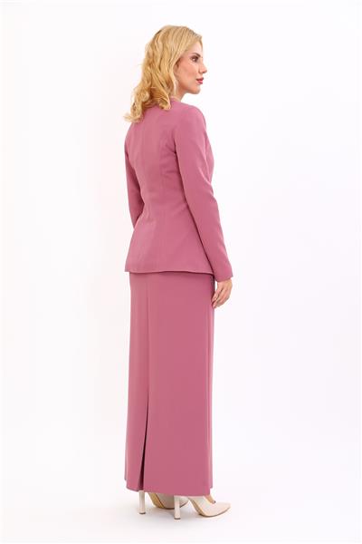 Sıfır Yaka Boydan Düğmeli Ceket & Uzun Düz Dar Etek-Rose