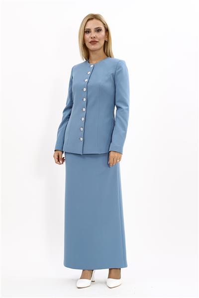 Sıfır Yaka Boydan Düğmeli Ceket & Uzun Düz Dar Etek-Deniz