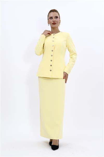 Sıfır Yaka Boydan Düğmeli Ceket & Uzun Düz Dar Etek-Sarı