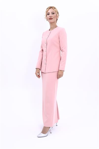 Sıfır Yaka Boydan Düğmeli Ceket & Uzun Düz Dar Etek-Pudra