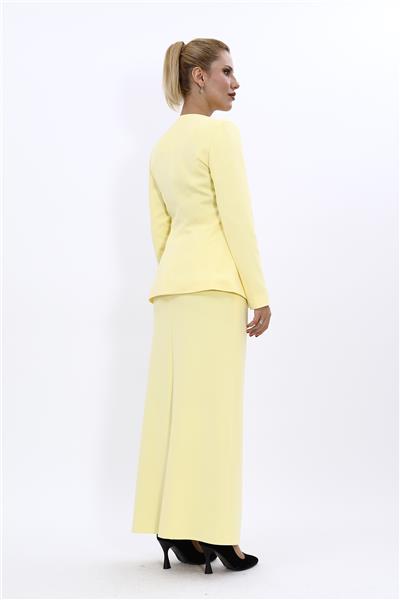 Sıfır Yaka Boydan Düğmeli Ceket & Uzun Düz Dar Etek-Sarı