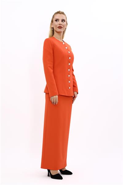 Sıfır Yaka Boydan Düğmeli Ceket & Uzun Düz Dar Etek-Turuncu