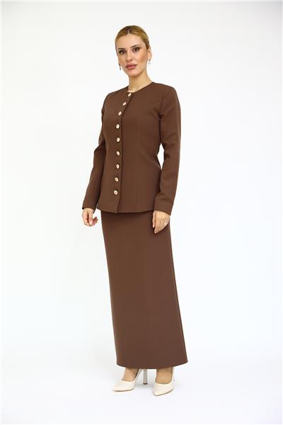 Sıfır Yaka Boydan Düğmeli Ceket & Uzun Düz Dar Etek-Kestane