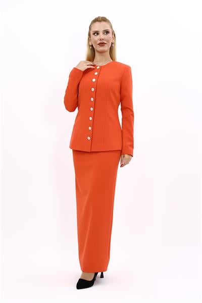 Sıfır Yaka Boydan Düğmeli Ceket & Uzun Düz Dar Etek-Turuncu