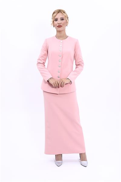 Sıfır Yaka Boydan Düğmeli Ceket & Uzun Düz Dar Etek-Pudra