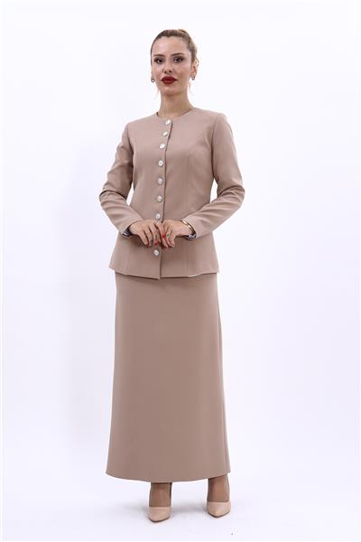 Sıfır Yaka Boydan Düğmeli Ceket & Uzun Düz Dar Etek-Taş