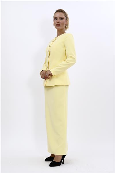 Sıfır Yaka Boydan Düğmeli Ceket & Uzun Düz Dar Etek-Sarı