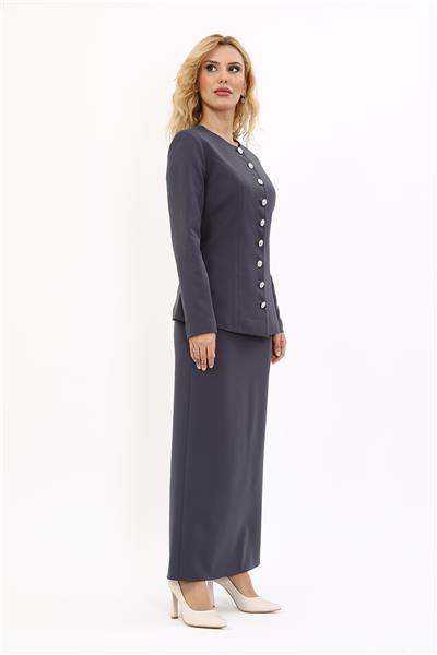 Sıfır Yaka Boydan Düğmeli Ceket & Uzun Düz Dar Etek-Füme