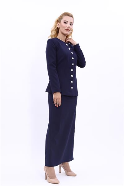 Sıfır Yaka Boydan Düğmeli Ceket & Uzun Düz Dar Etek-Lacivert