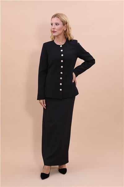 Sıfır Yaka Boydan Düğmeli Ceket & Uzun Düz Dar Etek-Siyah