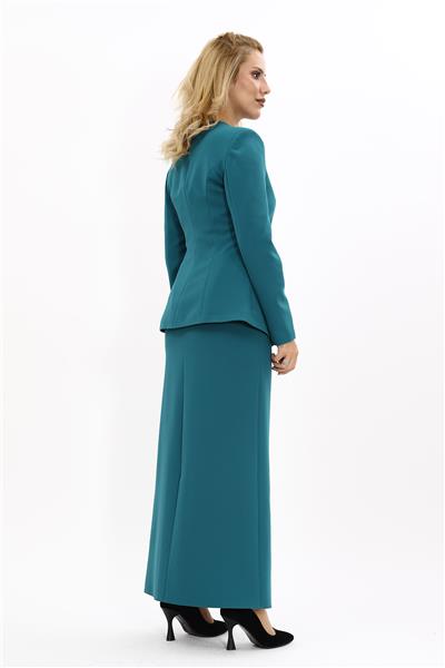 Sıfır Yaka Boydan Düğmeli Ceket & Uzun Düz Dar Etek-Petrol