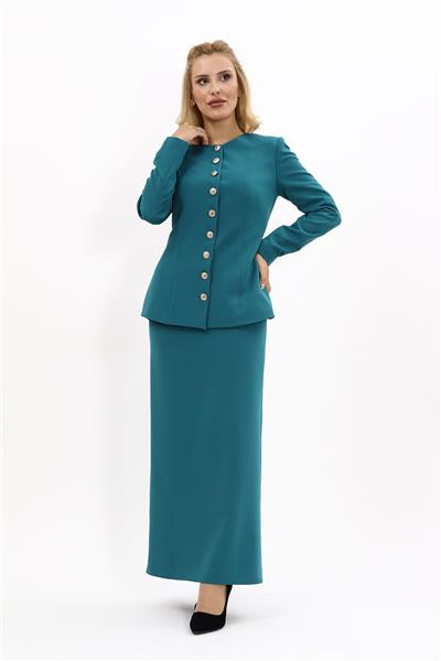 Sıfır Yaka Boydan Düğmeli Ceket & Uzun Düz Dar Etek-Petrol