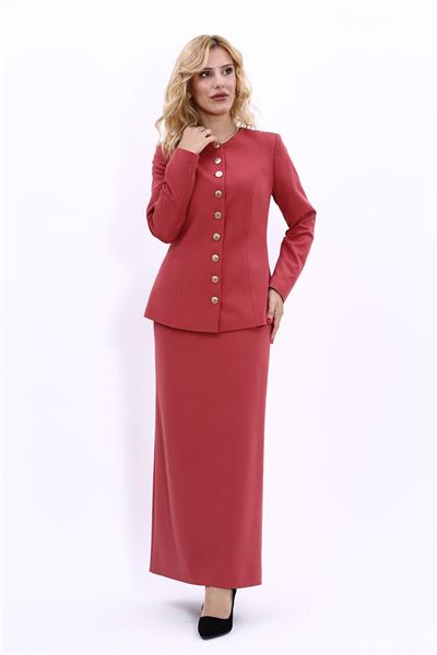 Sıfır Yaka Boydan Düğmeli Ceket & Uzun Düz Dar Etek-Kiremit