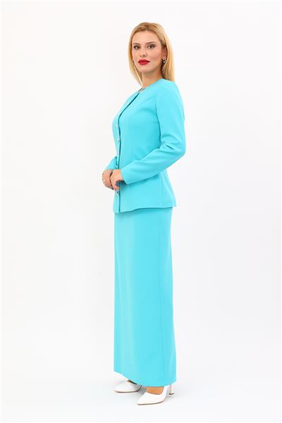 Sıfır Yaka Boydan Düğmeli Ceket & Uzun Düz Dar Etek-Turkuaz