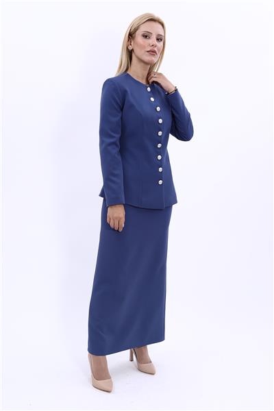 Sıfır Yaka Boydan Düğmeli Ceket & Uzun Düz Dar Etek-İndigo