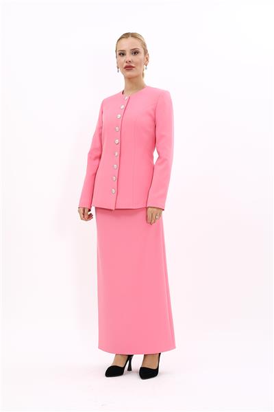 Sıfır Yaka Boydan Düğmeli Ceket & Uzun Düz Dar Etek-Pembe