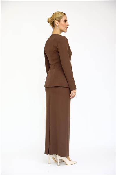 Sıfır Yaka Boydan Düğmeli Ceket & Uzun Düz Dar Etek-Kestane